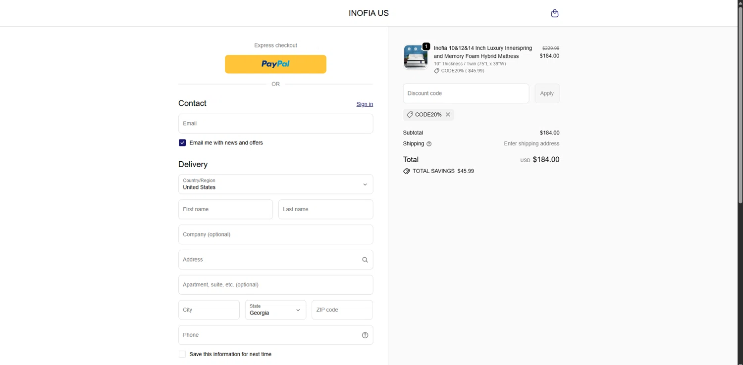 Inofia discount code screenshot showing code CODE20% applied at Inofia checkout page. Uploaded by SimplyCodes community member TreasureHero9595 on Oct 7, 2025