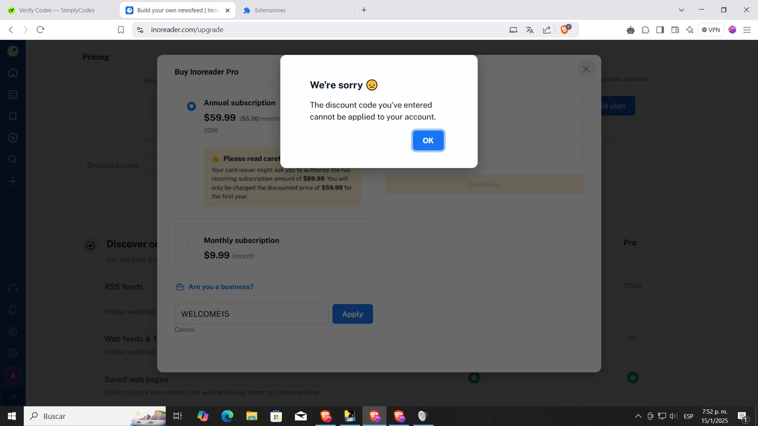 Inoreader promo code screenshot showing code WELCOME15 applied at Inoreader checkout page. Uploaded by SimplyCodes community member AnthonyGTX on Jan 15, 2025