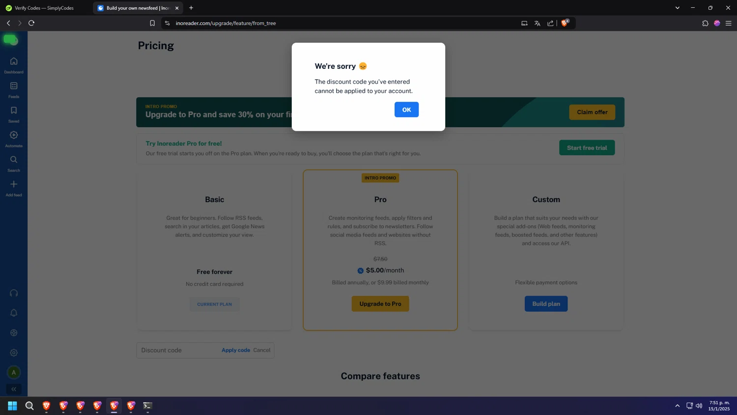 Inoreader promo code screenshot showing code WELCOME15 applied at Inoreader checkout page. Uploaded by SimplyCodes community member CouponElite4658 on Jan 15, 2025