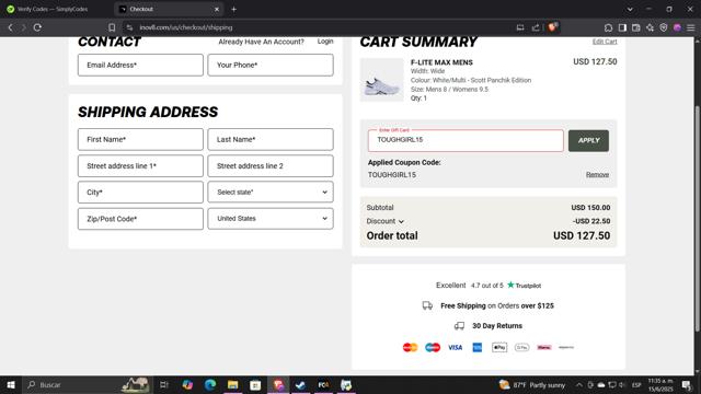 Inov-8 UK checkout page showing Inov-8 UK promo code box | Screenshot taken by SimplyCodes community member on Jun 15, 2025