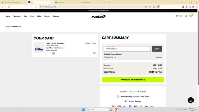 Inov-8 UK checkout page showing Inov-8 UK promo code box | Screenshot taken by SimplyCodes community member on May 17, 2025
