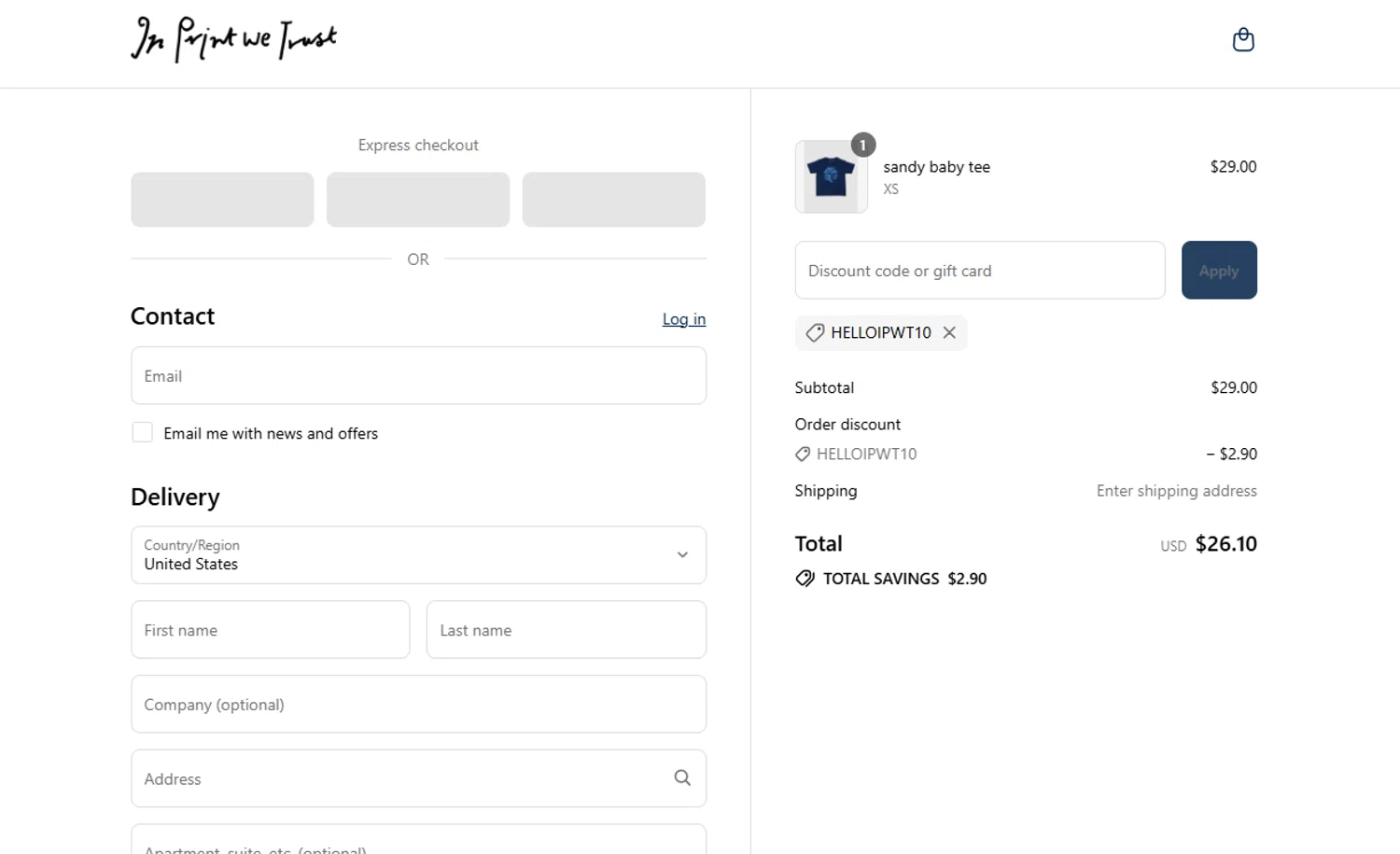 In Print We Trust discount code screenshot showing code HELLOIPWT10 applied at In Print We Trust checkout page. Uploaded by SimplyCodes community member WonderSaver8569 on Jul 27, 2025