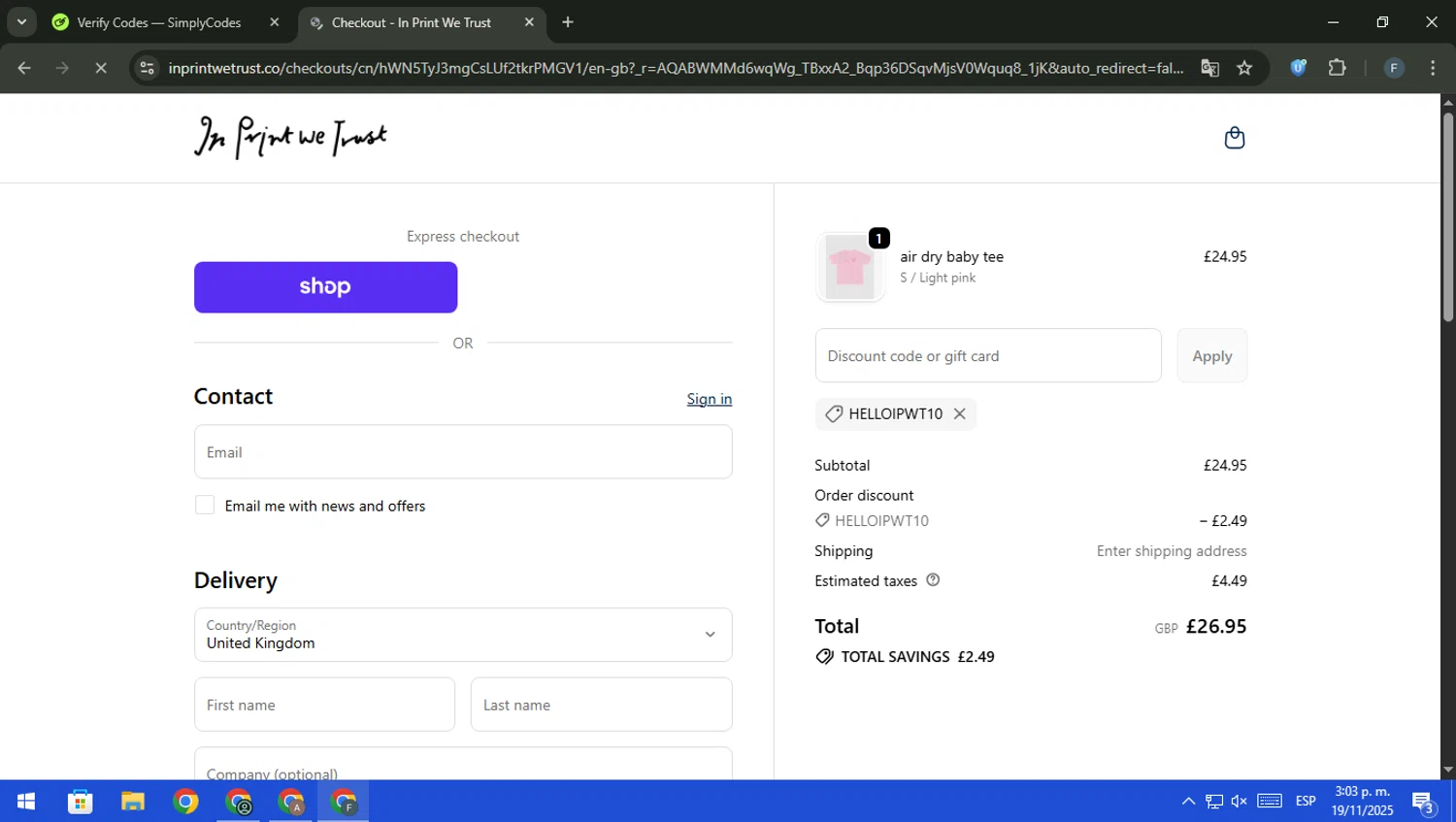 In Print We Trust discount code screenshot showing code HELLOIPWT10 applied at In Print We Trust checkout page. Uploaded by SimplyCodes community member pajarito on Nov 19, 2025