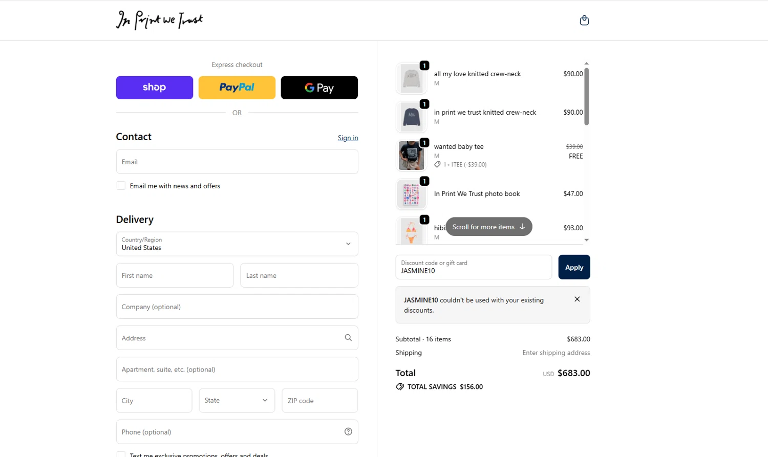 In Print We Trust discount code screenshot showing code JASMINE10 applied at In Print We Trust checkout page. Uploaded by SimplyCodes community member GoldRanger7896 on Dec 10, 2025