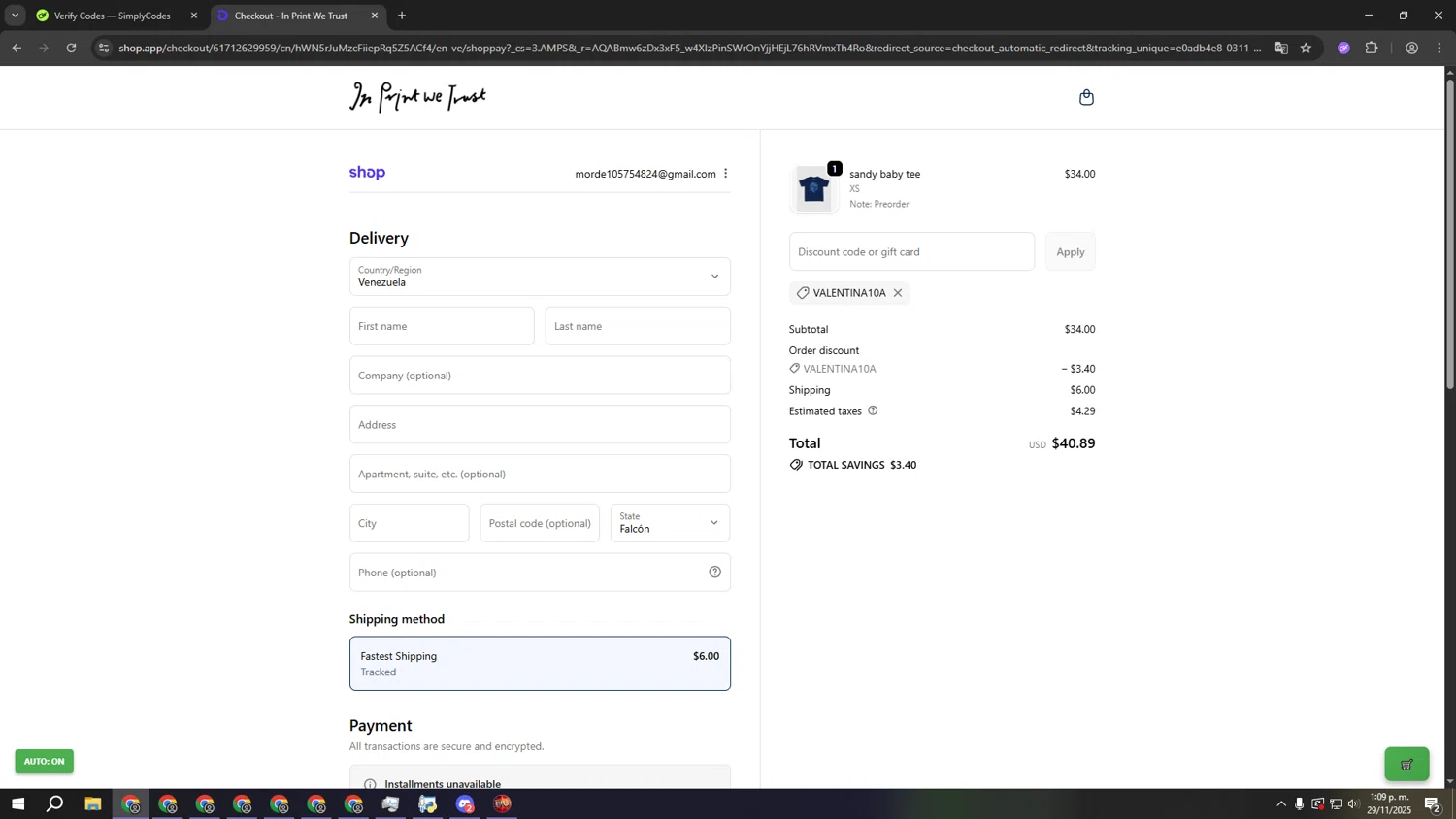In Print We Trust discount code screenshot showing code VALENTINA10A applied at In Print We Trust checkout page. Uploaded by SimplyCodes community member kkkkkkkkkkkkkkkkkkkk on Nov 29, 2025