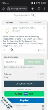 INSCRIP10 coupon verification screenshot