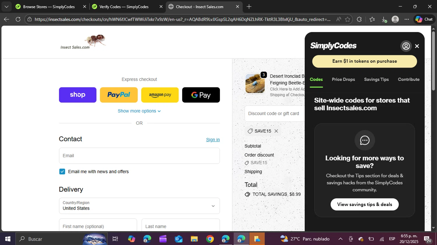 Insectsales.com promo code screenshot showing code SAVE15 applied at Insectsales.com checkout page. Uploaded by SimplyCodes community member swiftie on Dec 20, 2025