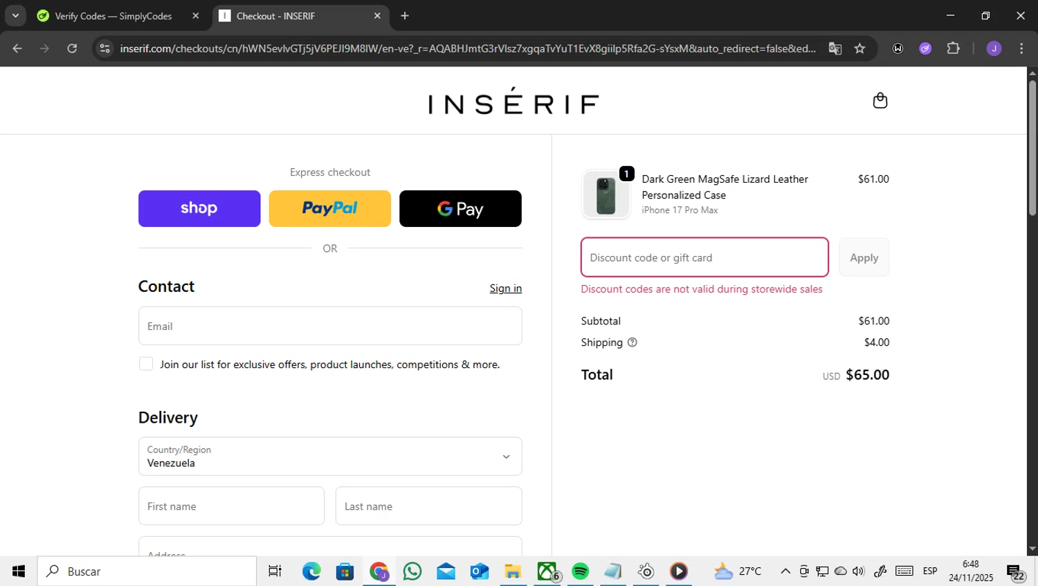 INSERIF discount code screenshot showing code SUMMER20 applied at INSERIF checkout page. Uploaded by SimplyCodes community member ENCARAMESSI on Nov 24, 2025