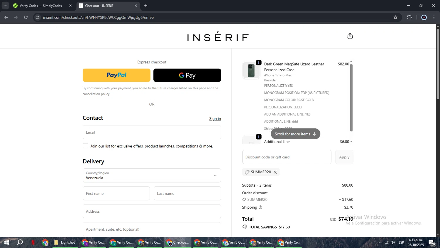 INSERIF discount code screenshot showing code SUMMER20 applied at INSERIF checkout page. Uploaded by SimplyCodes community member RoyalBoss4384 on Oct 26, 2025