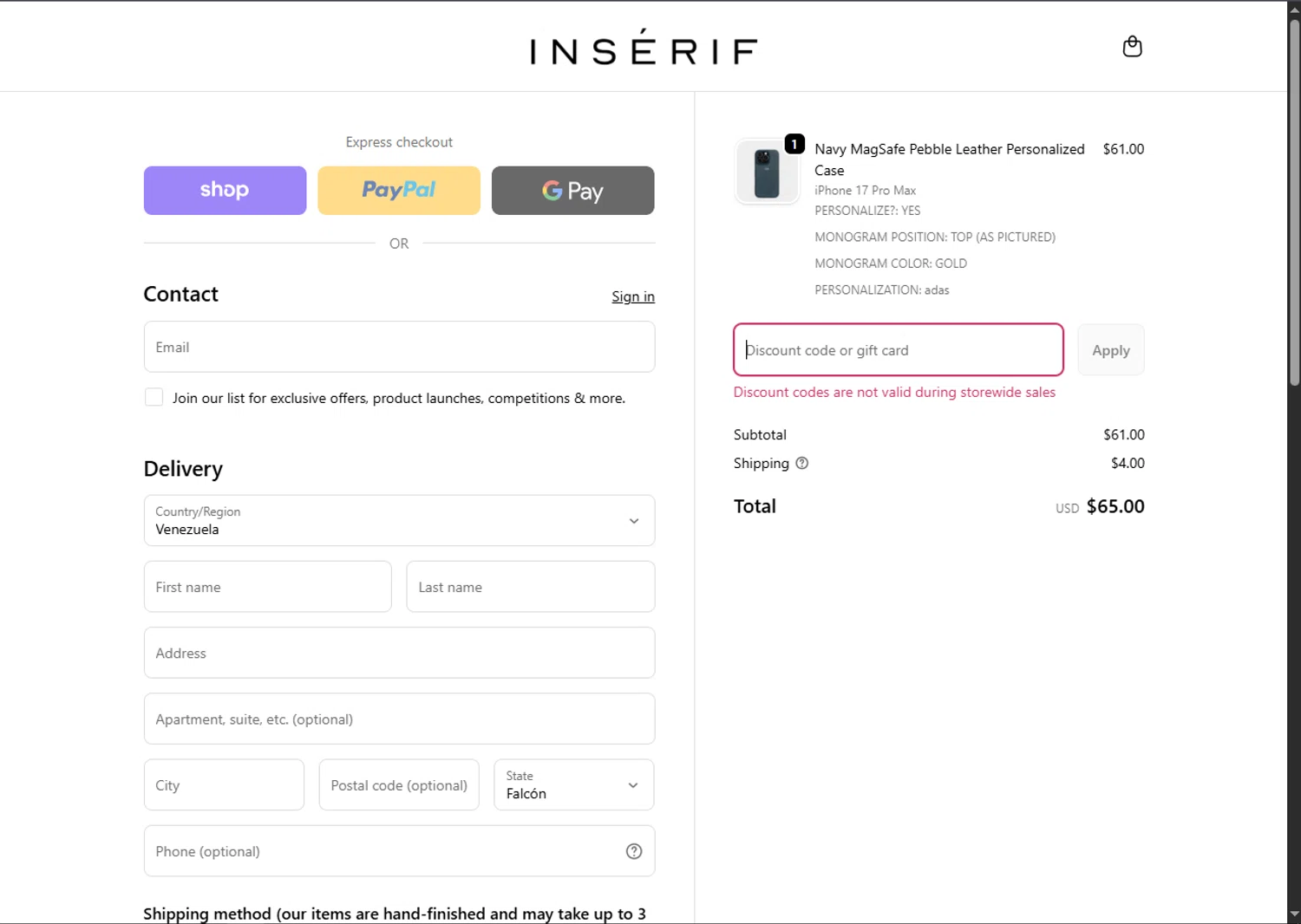 INSERIF discount code screenshot showing code TAKE10 applied at INSERIF checkout page. Uploaded by SimplyCodes community member SalePhoenix2220 on Nov 24, 2025