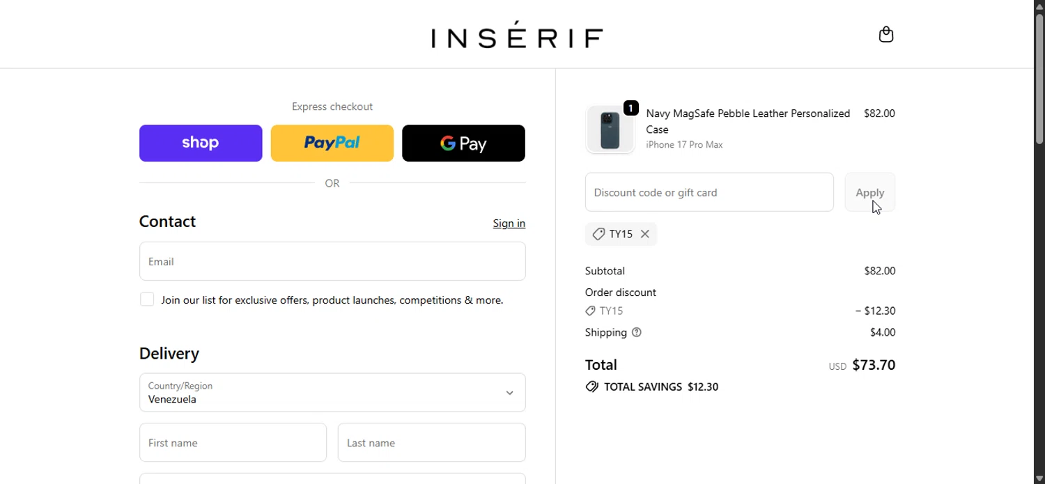 INSERIF discount code screenshot showing code TY15 applied at INSERIF checkout page. Uploaded by SimplyCodes community member Prospecto on Dec 4, 2025