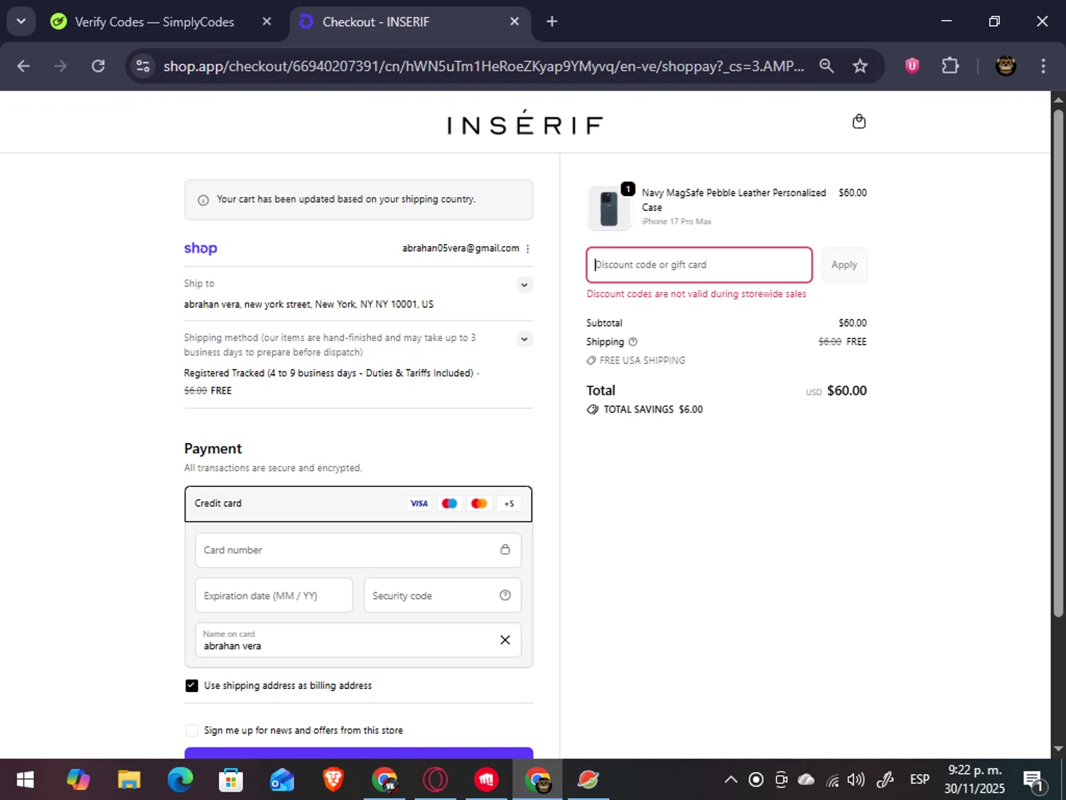 INSERIF discount code screenshot showing code TY15 applied at INSERIF checkout page. Uploaded by SimplyCodes community member abrahanv on Dec 1, 2025