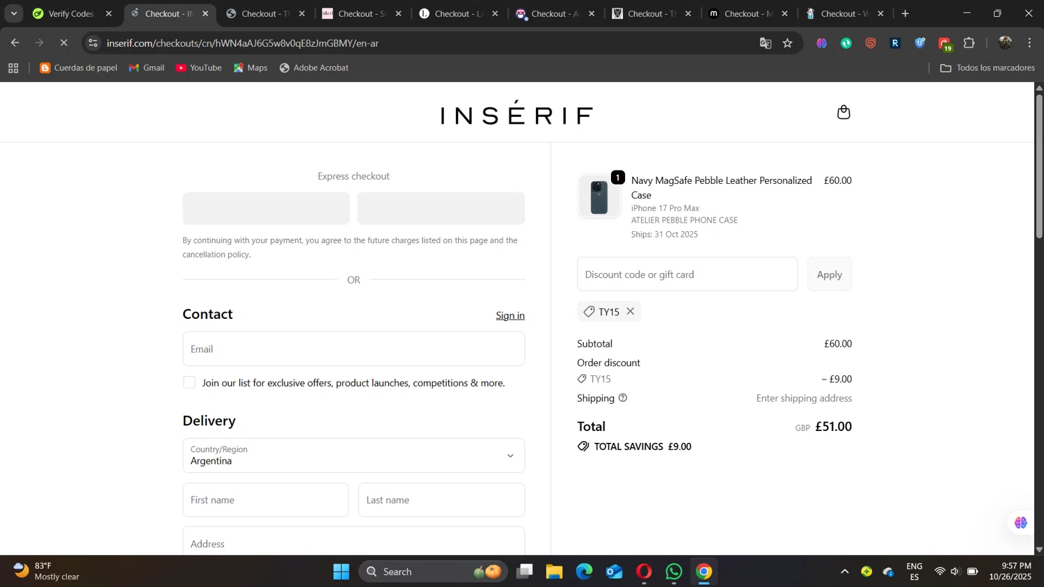 INSERIF checkout page showing INSERIF discount code box | Screenshot taken by SimplyCodes community member on Oct 27, 2025