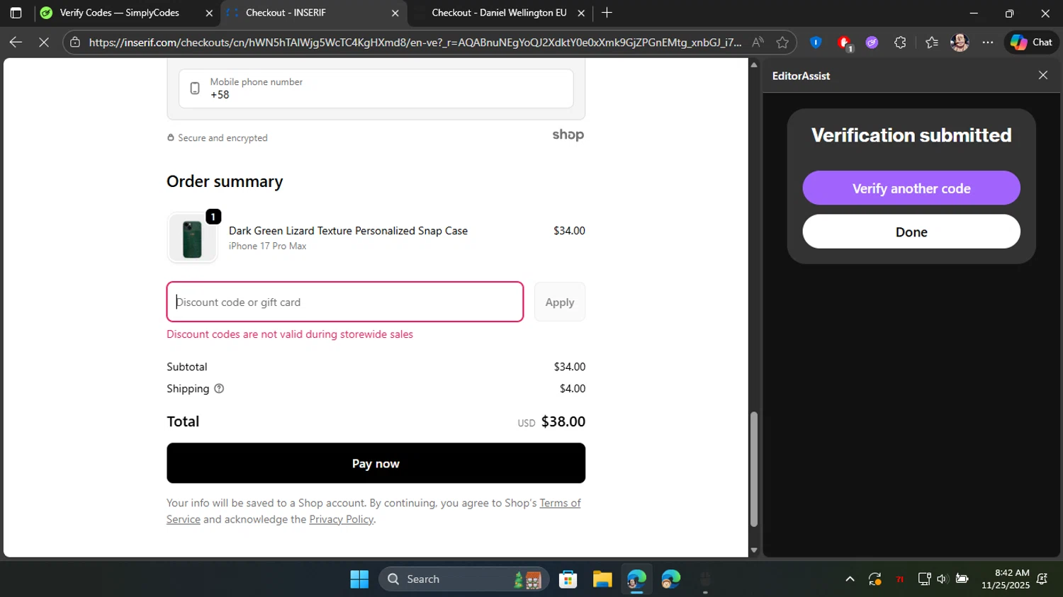 INSERIF discount code screenshot showing code GET10 applied at INSERIF checkout page. Uploaded by SimplyCodes community member Blackleg_Sanji on Nov 25, 2025