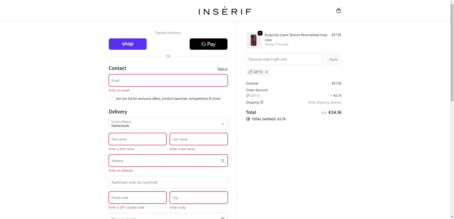 INSERIF discount code screenshot showing code GET10 applied at INSERIF checkout page. Uploaded by SimplyCodes community member DiscountWarden480 on Oct 27, 2025