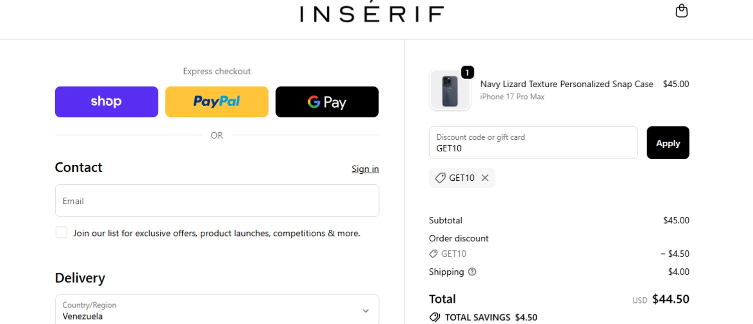 INSERIF discount code screenshot showing code GET10 applied at INSERIF checkout page. Uploaded by SimplyCodes community member Olorinnnnn on Dec 4, 2025