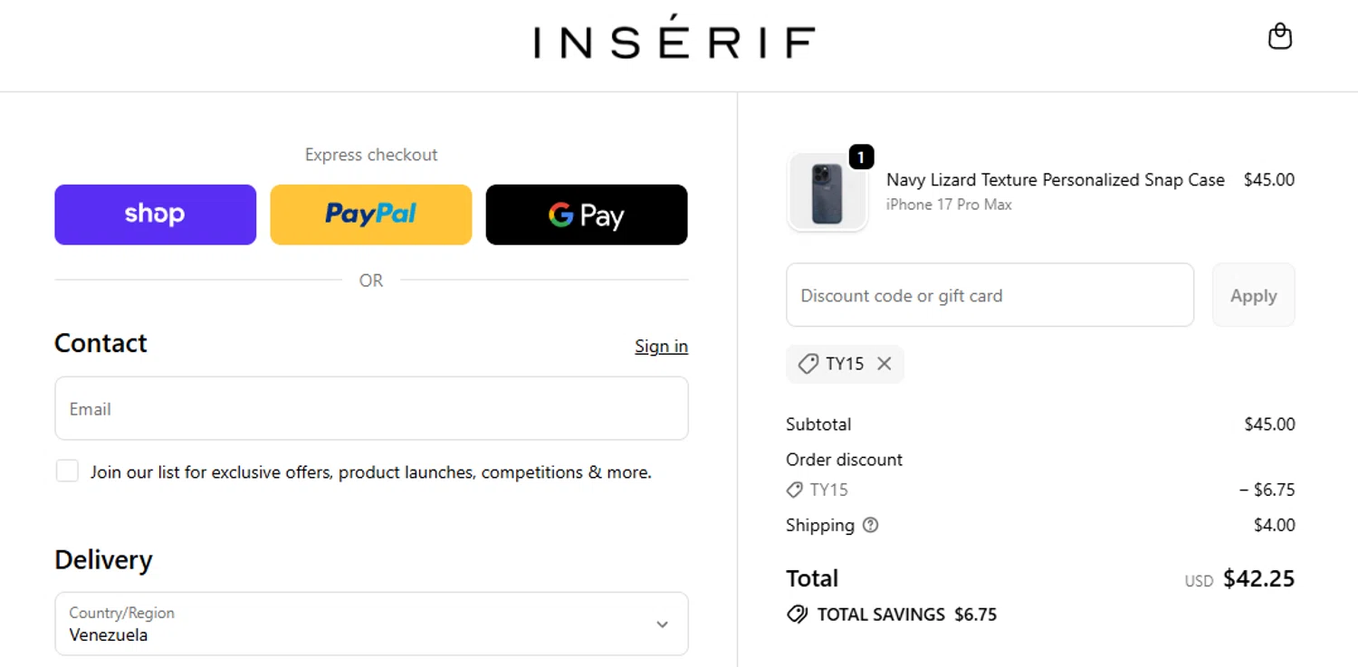 INSERIF discount code screenshot showing code TY15 applied at INSERIF checkout page. Uploaded by SimplyCodes community member Quemiras on Dec 4, 2025