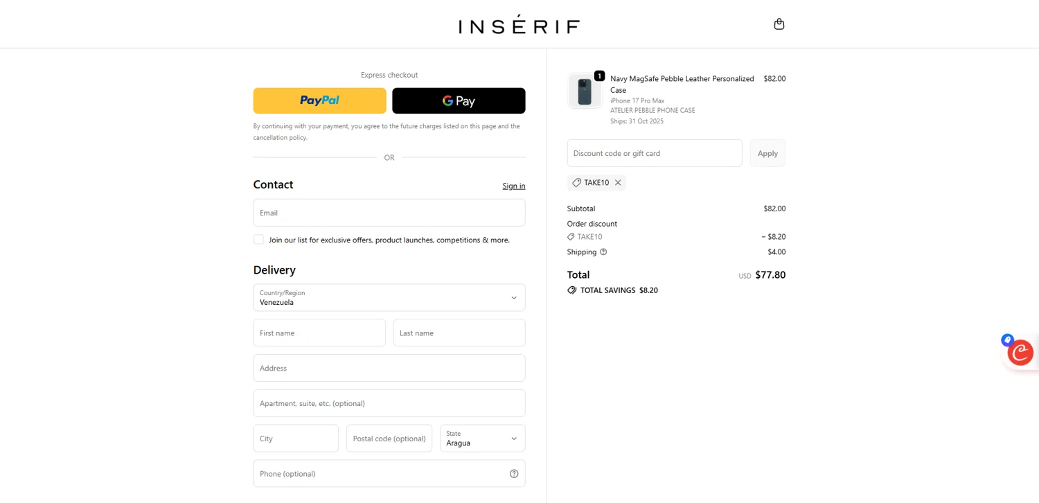 INSERIF discount code screenshot showing code TAKE10 applied at INSERIF checkout page. Uploaded by SimplyCodes community member pabloprieto on Oct 26, 2025