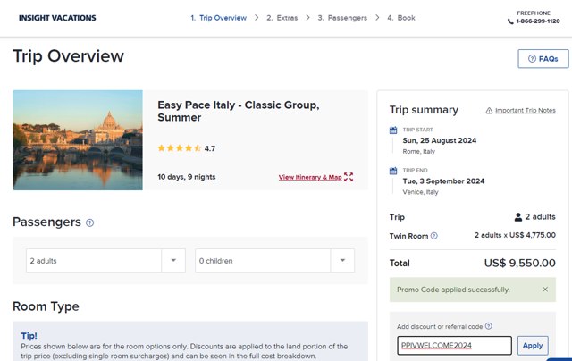 Insight Vacations checkout page showing Insight Vacations promo code box | Screenshot taken by SimplyCodes community member on Aug 16, 2024