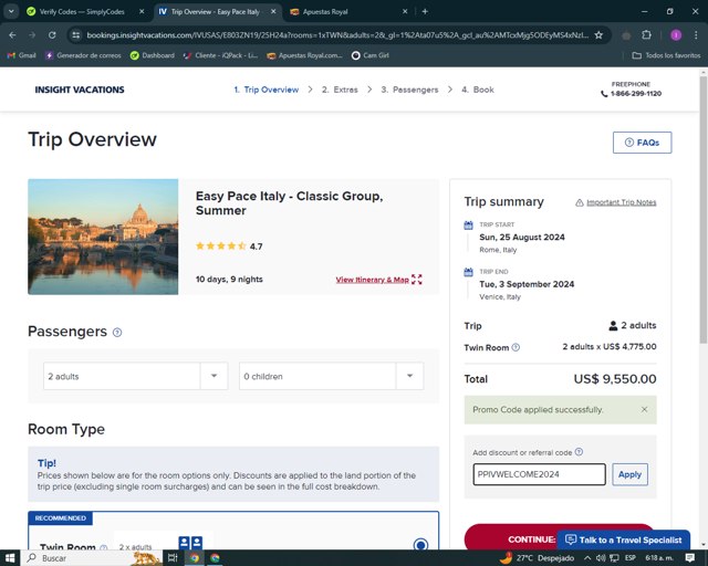Insight Vacations checkout page showing Insight Vacations promo code box | Screenshot taken by SimplyCodes community member on Jul 29, 2024