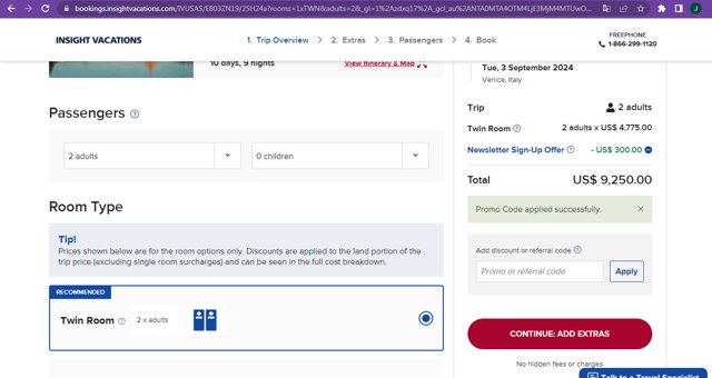 Insight Vacations checkout page showing Insight Vacations promo code box | Screenshot taken by SimplyCodes community member on Aug 16, 2024