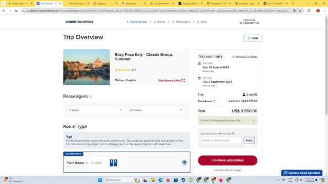 Insight Vacations checkout page showing Insight Vacations promo code box | Screenshot taken by SimplyCodes community member on Aug 4, 2024