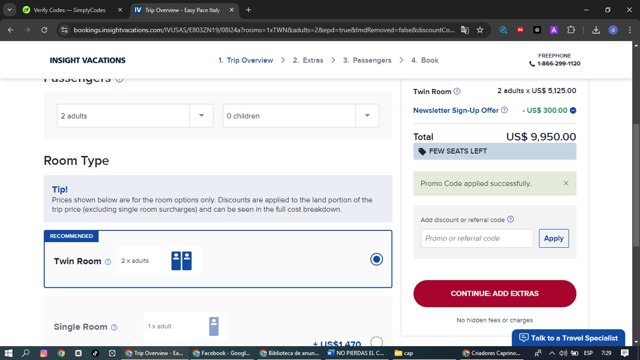Insight Vacations checkout page showing Insight Vacations promo code box | Screenshot taken by SimplyCodes community member on Aug 22, 2024