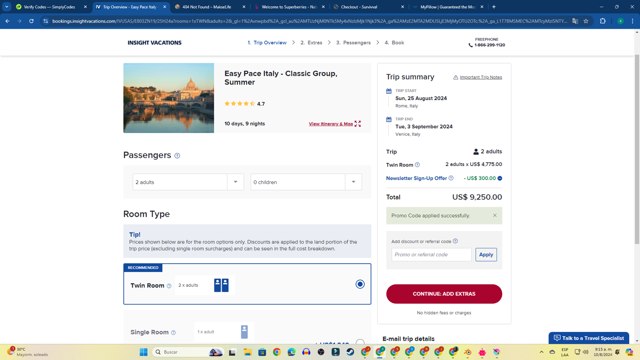 Insight Vacations checkout page showing Insight Vacations promo code box | Screenshot taken by SimplyCodes community member on Aug 10, 2024