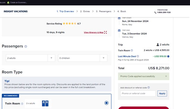 Insight Vacations checkout page showing Insight Vacations promo code box | Screenshot taken by SimplyCodes community member on Aug 28, 2024