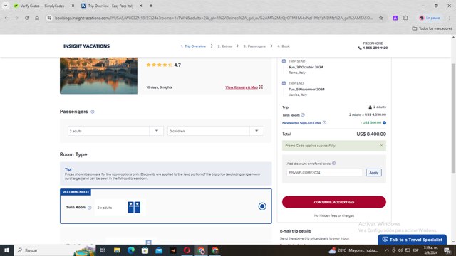 Insight Vacations checkout page showing Insight Vacations promo code box | Screenshot taken by SimplyCodes community member on Sep 3, 2024