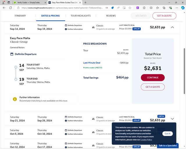 Insight Vacations checkout page showing Insight Vacations promo code box | Screenshot taken by SimplyCodes community member on Sep 4, 2024