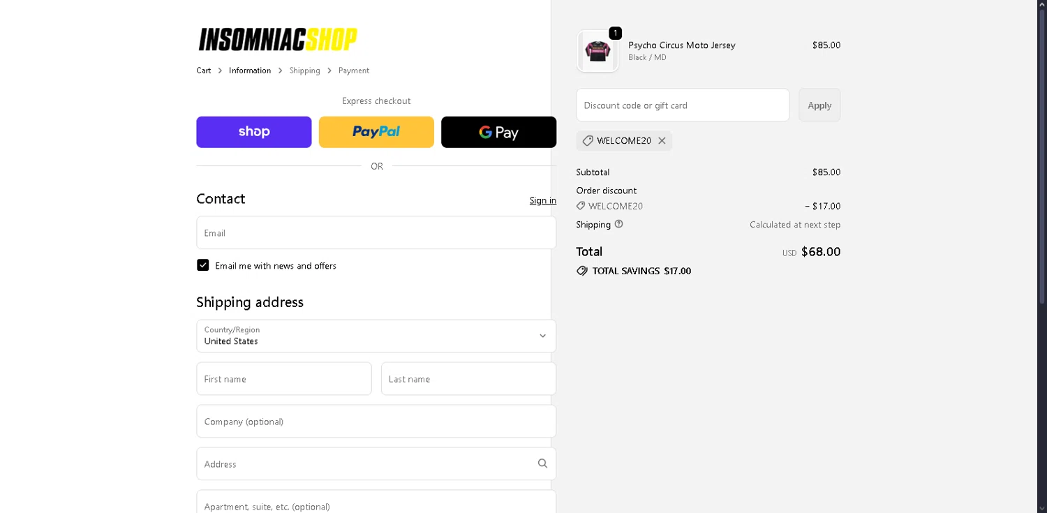 Insomniac Shop discount code screenshot showing code WELCOME20 applied at Insomniac Shop checkout page. Uploaded by SimplyCodes community member Serdanvz on Dec 25, 2025
