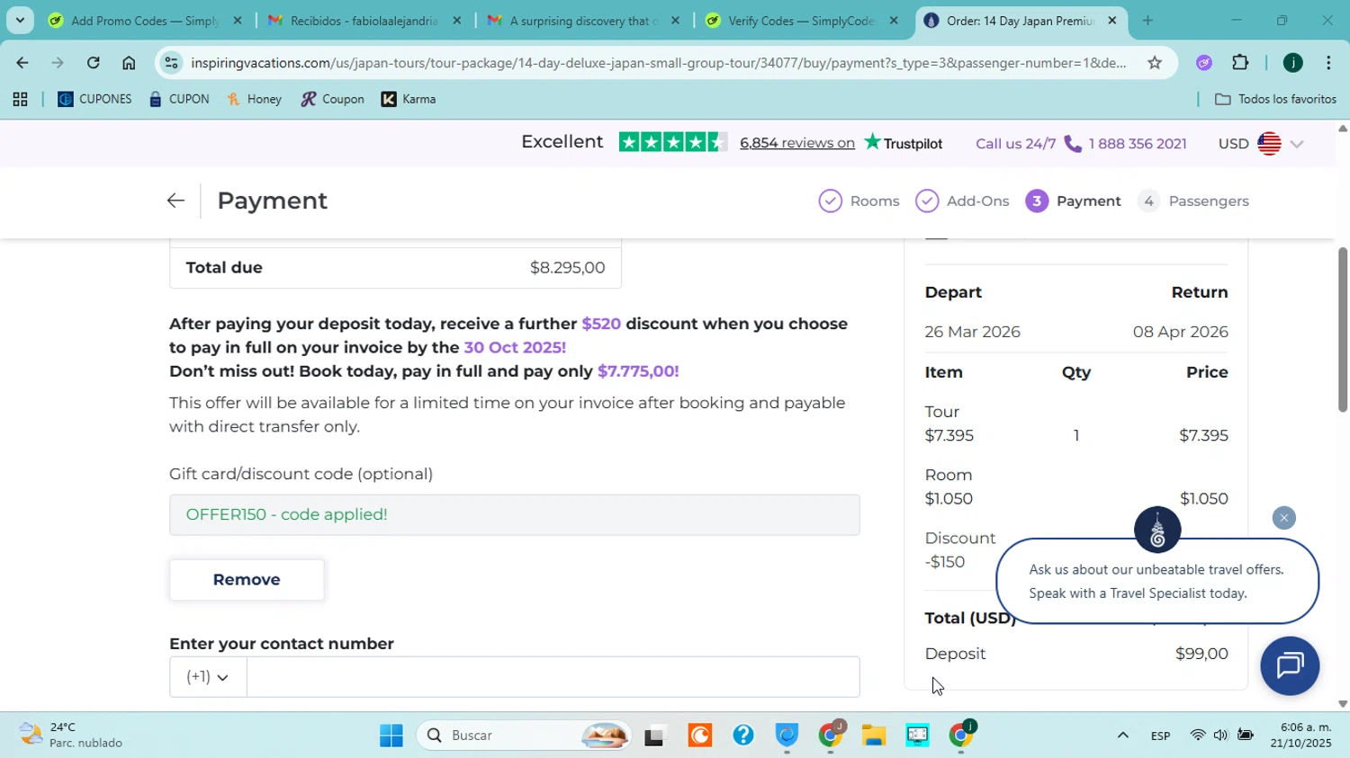 Inspiring Vacations discount code screenshot showing code OFFER150 applied at Inspiring Vacations checkout page. Uploaded by SimplyCodes community member ABHF23 on Oct 21, 2025