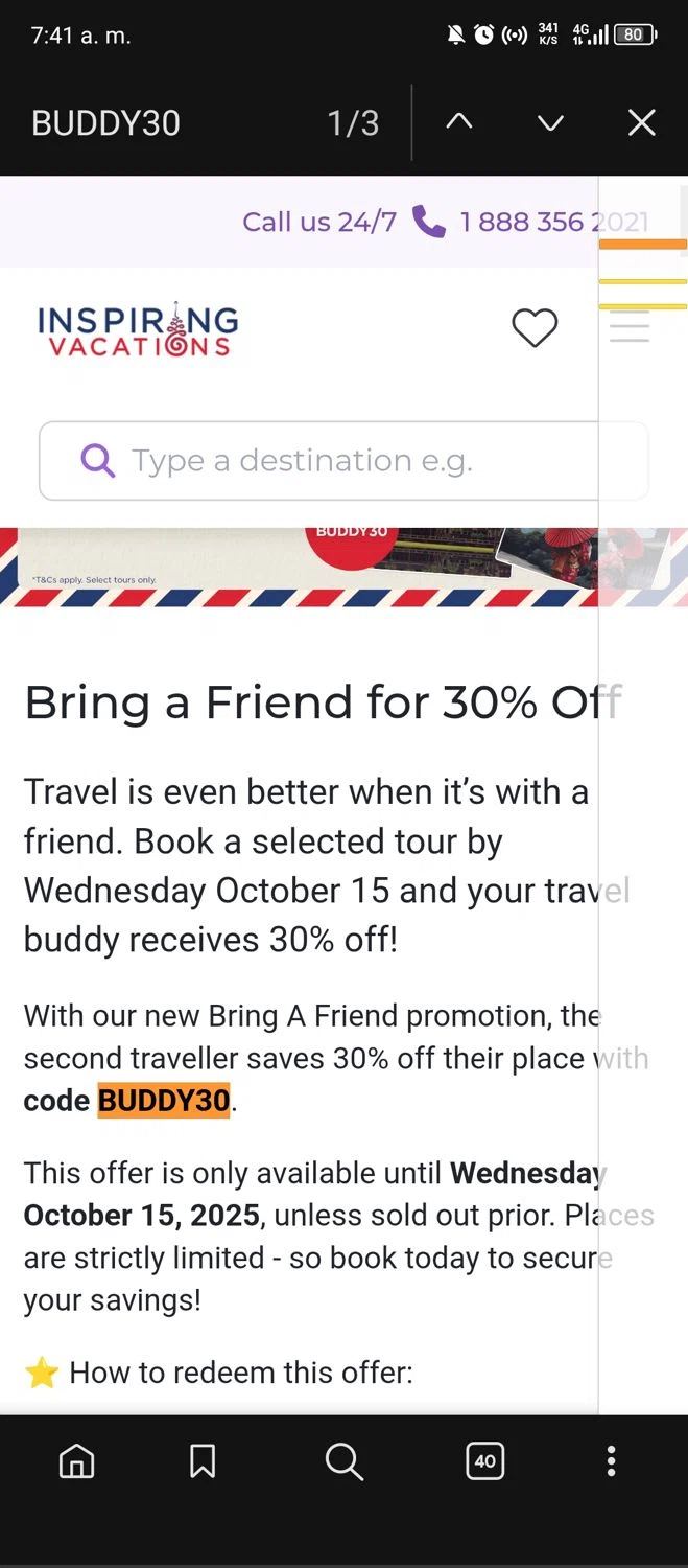 Inspiring Vacations discount code screenshot showing code BUDDY30 applied at Inspiring Vacations checkout page. Uploaded by SimplyCodes community member MrWolf on Nov 7, 2025