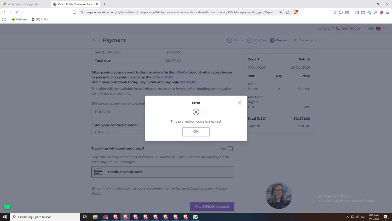 Inspiring Vacations discount code screenshot showing code BUDDY30 applied at Inspiring Vacations checkout page. Uploaded by SimplyCodes community member jHjJJJhgPlDmsdUYitrNMASDll on Nov 7, 2025