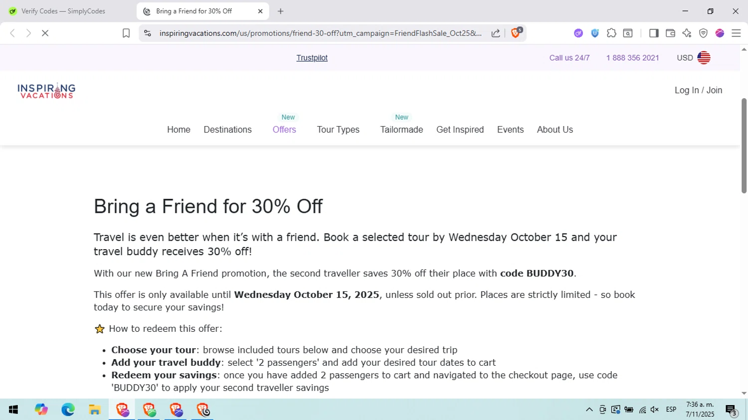 Inspiring Vacations discount code screenshot showing code BUDDY30 applied at Inspiring Vacations checkout page. Uploaded by SimplyCodes community member peachee on Nov 7, 2025