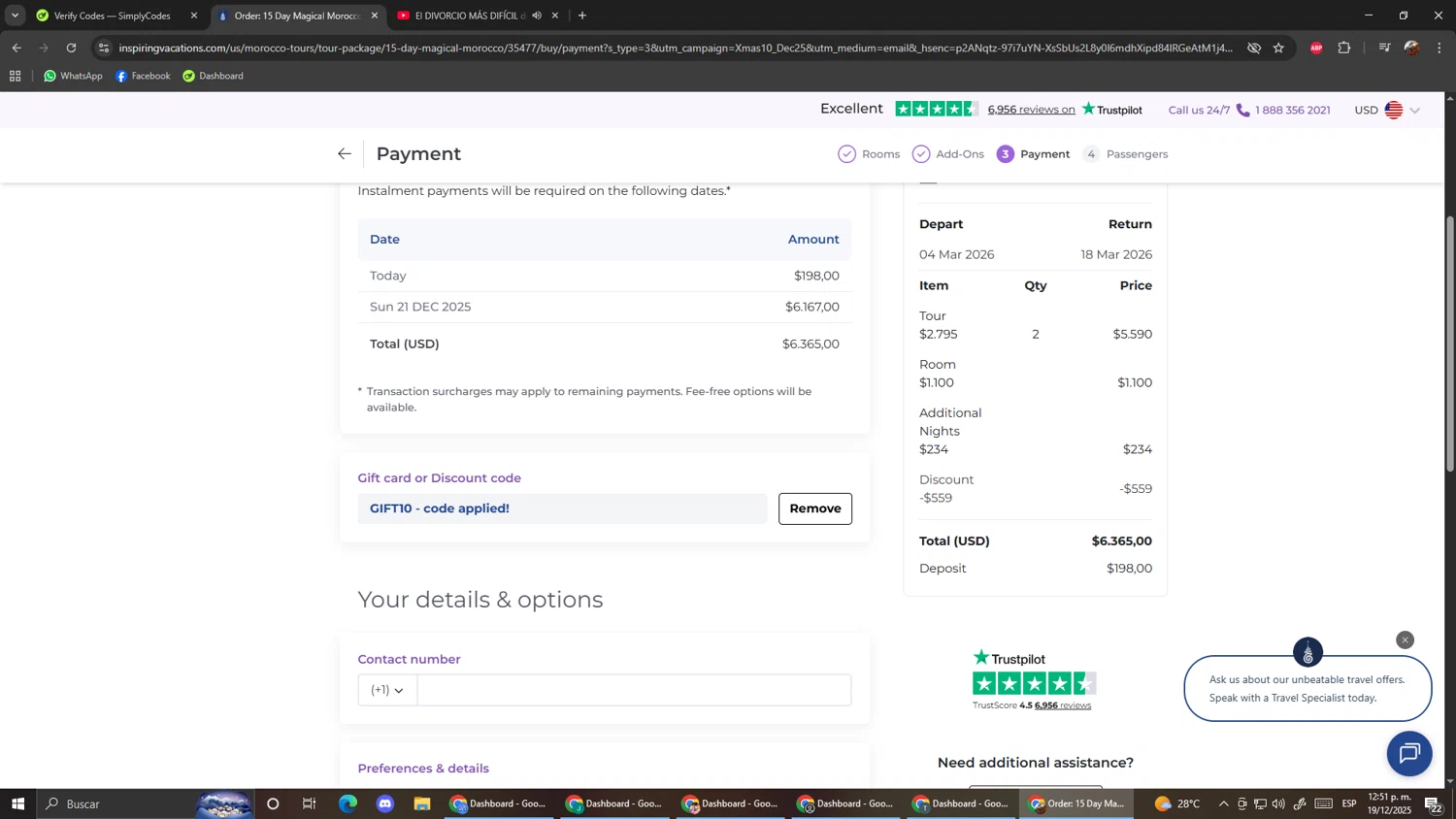 Inspiring Vacations checkout page showing Inspiring Vacations discount code box | Screenshot taken by SimplyCodes community member on Dec 19, 2025