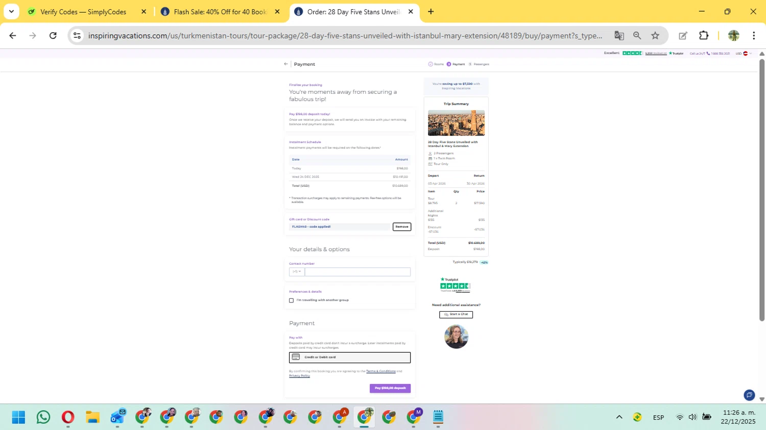 Inspiring Vacations discount code screenshot showing code FLASH40 applied at Inspiring Vacations checkout page. Uploaded by SimplyCodes community member FundoSinai on Dec 22, 2025