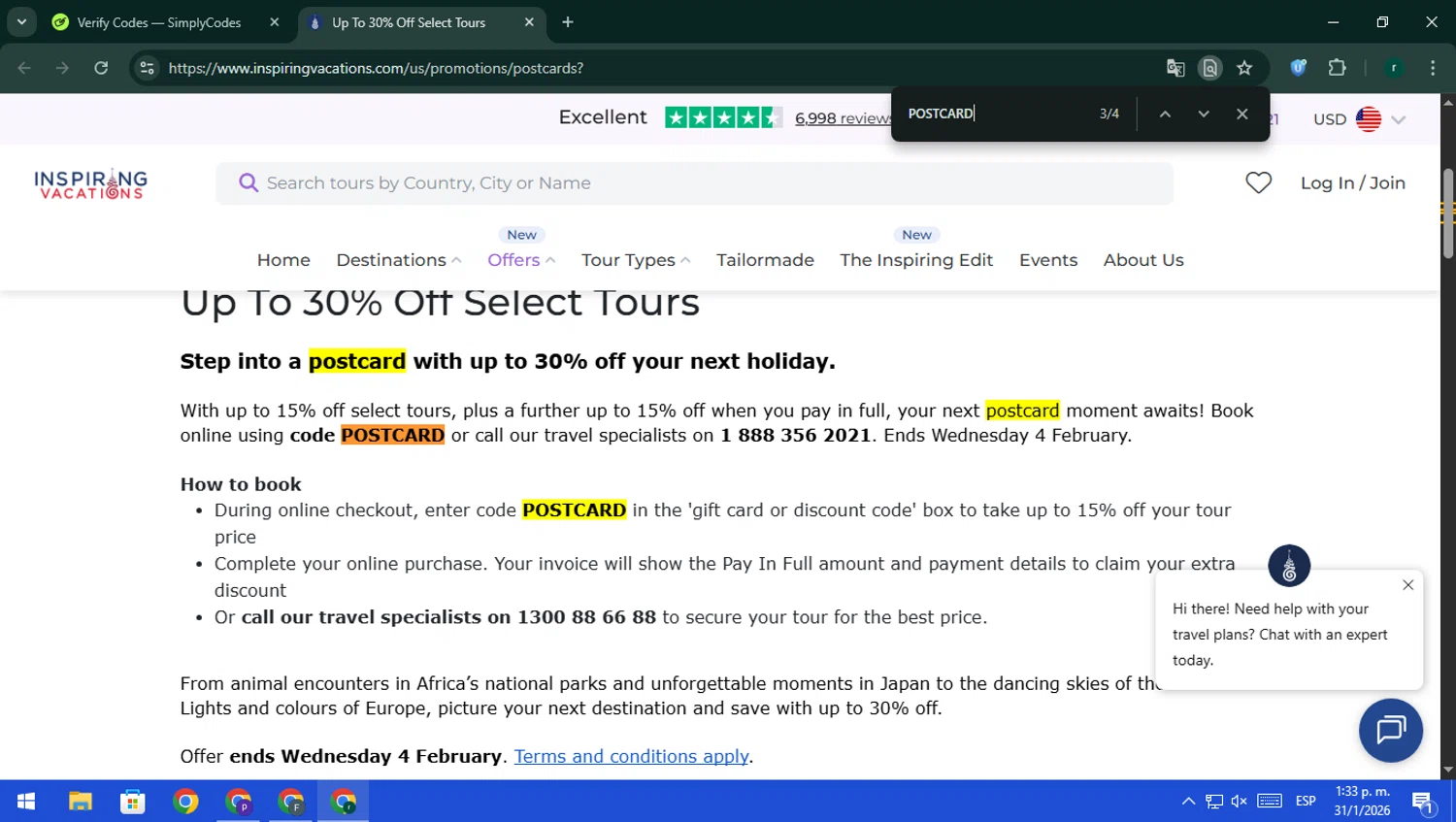 Inspiring Vacations promo code screenshot showing code POSTCARD applied at Inspiring Vacations checkout page. Uploaded by SimplyCodes community member rodri1 on Jan 31, 2026
