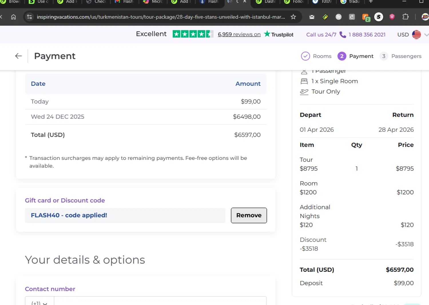 Inspiring Vacations discount code screenshot showing code FLASH40 applied at Inspiring Vacations checkout page. Uploaded by SimplyCodes community member couponcheck02 on Dec 22, 2025