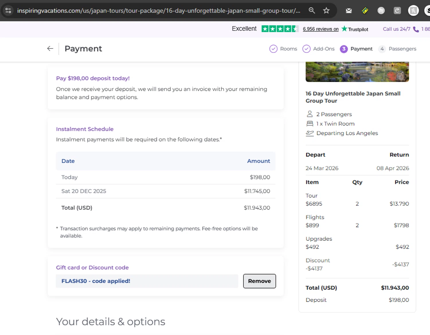 Inspiring Vacations discount code screenshot showing code FLASH30 applied at Inspiring Vacations checkout page. Uploaded by SimplyCodes community member couponcheck02 on Dec 18, 2025