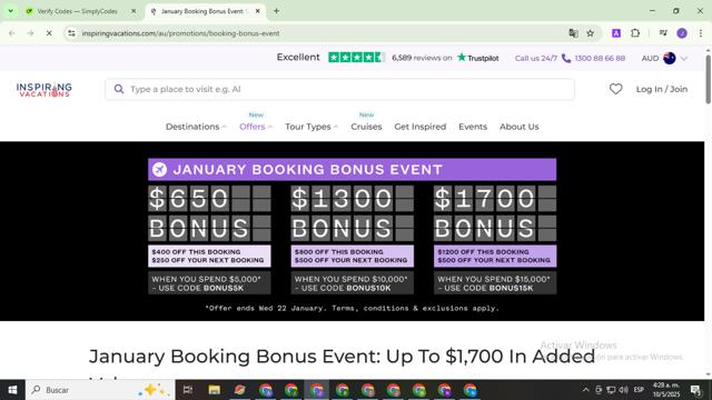 Inspiring Vacations AU checkout page showing Inspiring Vacations AU promo code box | Screenshot taken by SimplyCodes community member on May 10, 2025