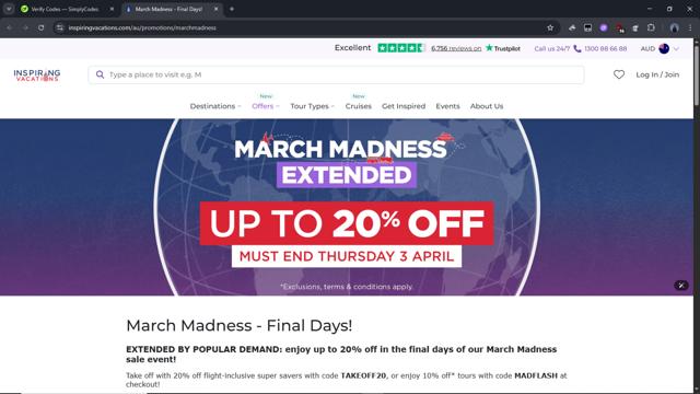 Inspiring Vacations AU checkout page showing Inspiring Vacations AU promo code box | Screenshot taken by SimplyCodes community member on Aug 25, 2025