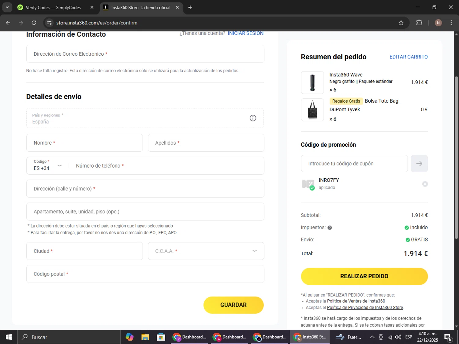 Insta360 promo code screenshot showing code INRO7FY applied at Insta360 checkout page. Uploaded by SimplyCodes community member DiscountPioneer2554 on Dec 22, 2025
