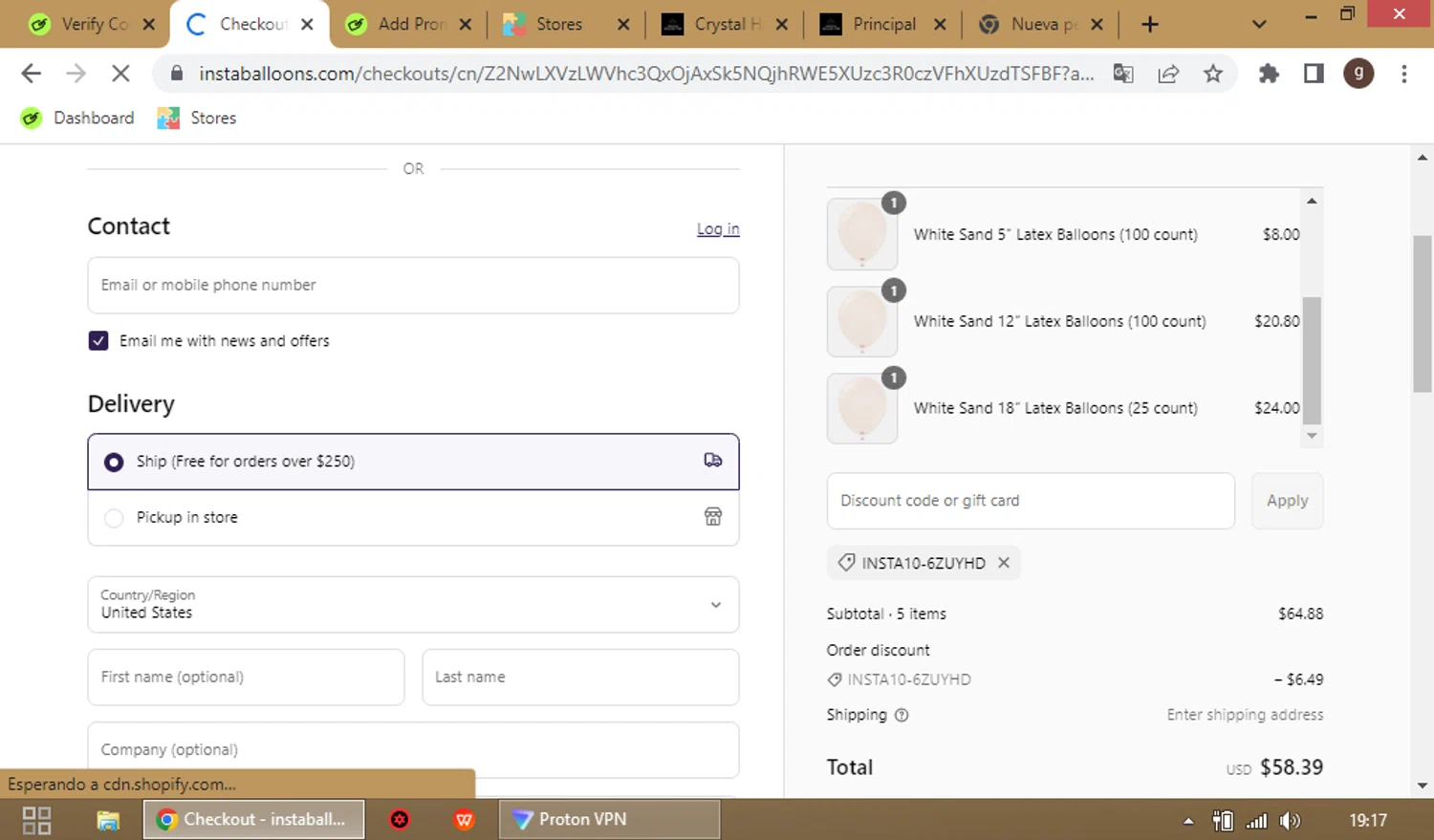 Instaballoons Wholesale promo code screenshot showing code INSTA10-6ZUYHD applied at Instaballoons Wholesale checkout page. Uploaded by SimplyCodes community member Gabrielromero23 on Mar 5, 2025