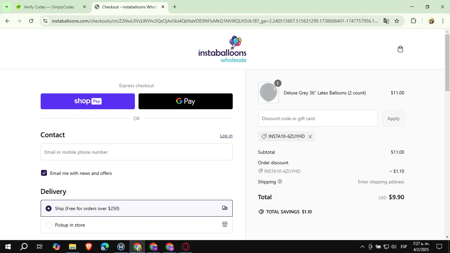Instaballoons Wholesale promo code screenshot showing code INSTA10-6ZUYHD applied at Instaballoons Wholesale checkout page. Uploaded by SimplyCodes community member CashExpert3657 on Feb 4, 2025