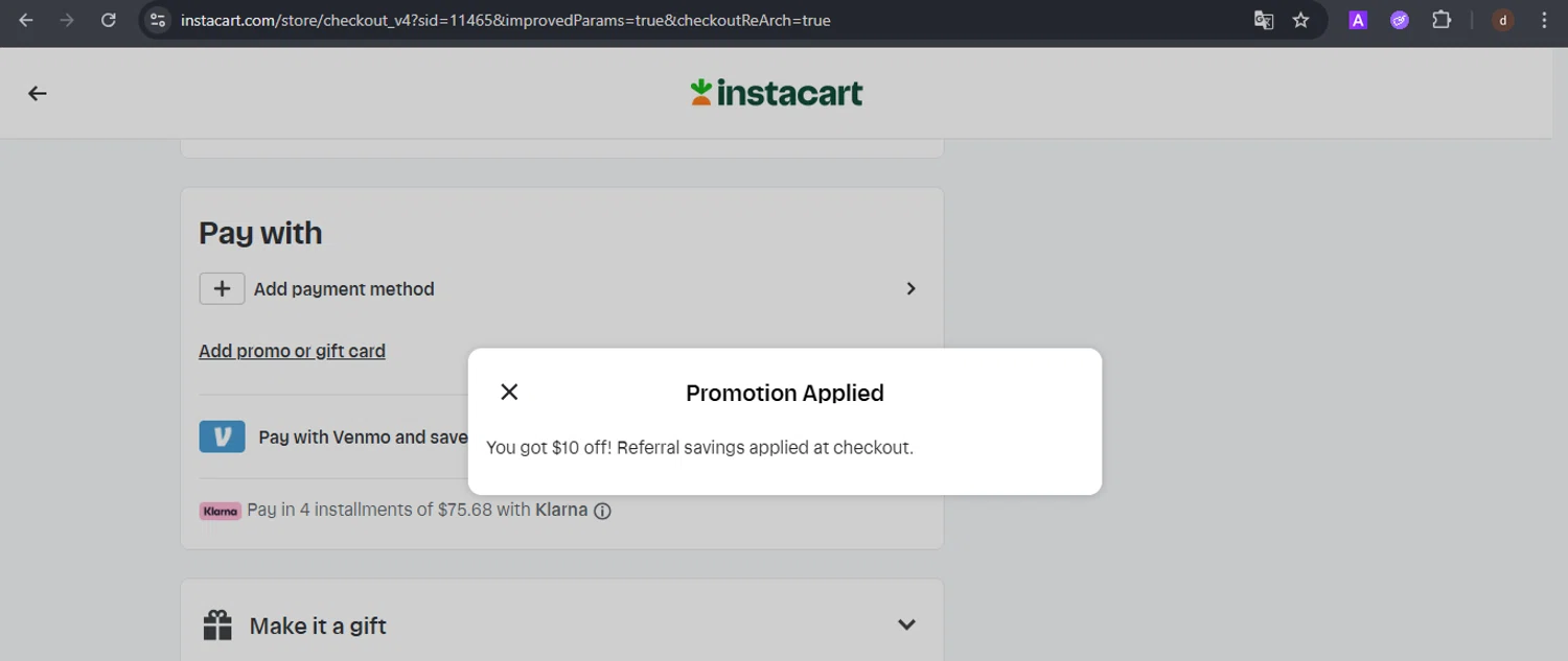 Instacart promo code screenshot showing code MAMPARO1C654 applied at Instacart checkout page. Uploaded by SimplyCodes community member VoucherSpotter9376 on Aug 16, 2025
