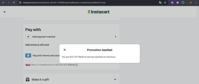 Instacart checkout page showing Instacart promo code box | Screenshot taken by SimplyCodes community member on Aug 16, 2025