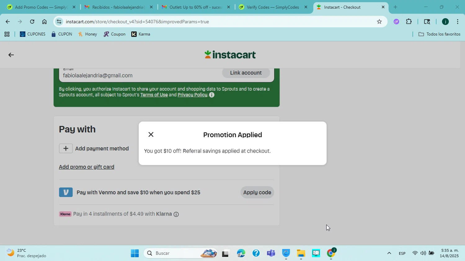 Instacart promo code screenshot showing code FD25036178 applied at Instacart checkout page. Uploaded by SimplyCodes community member jorgejavierherrera on Aug 14, 2025