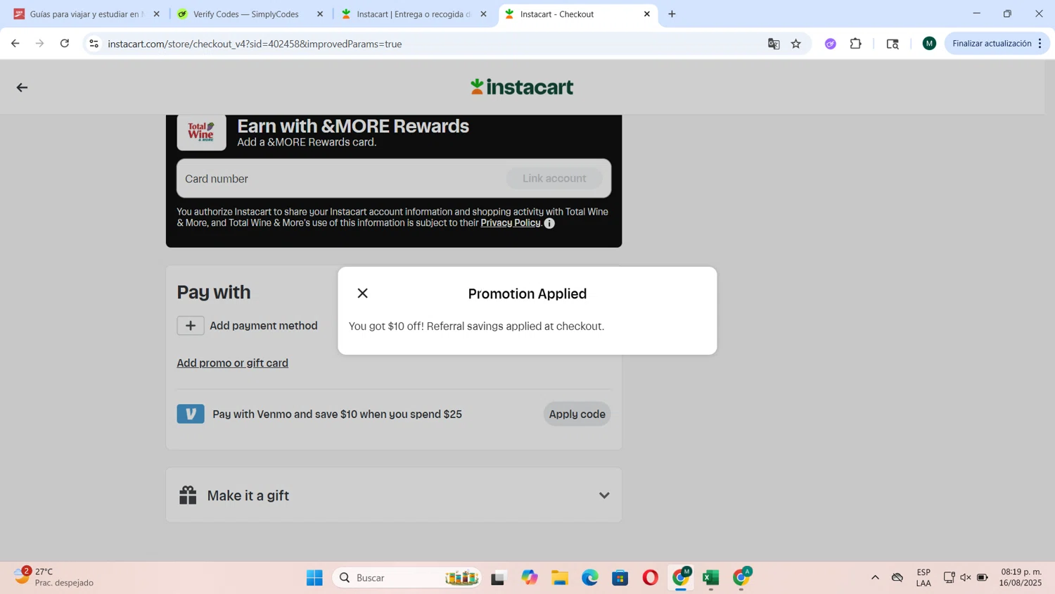 Instacart promo code screenshot showing code TFA50BD applied at Instacart checkout page. Uploaded by SimplyCodes community member Tortu_1 on Aug 17, 2025